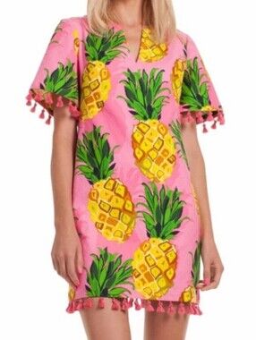Trina Turk Raine 2 Pineapple Print Tassel Dress Pink Yellow Size 4
